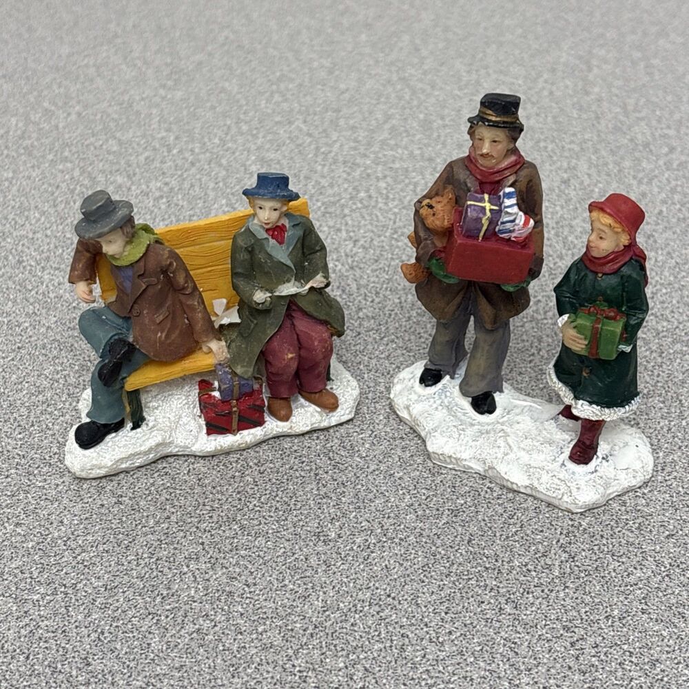 Vintage Christmas Village Figures Lot, Men On Bench, Dad And Daughter With Gifts